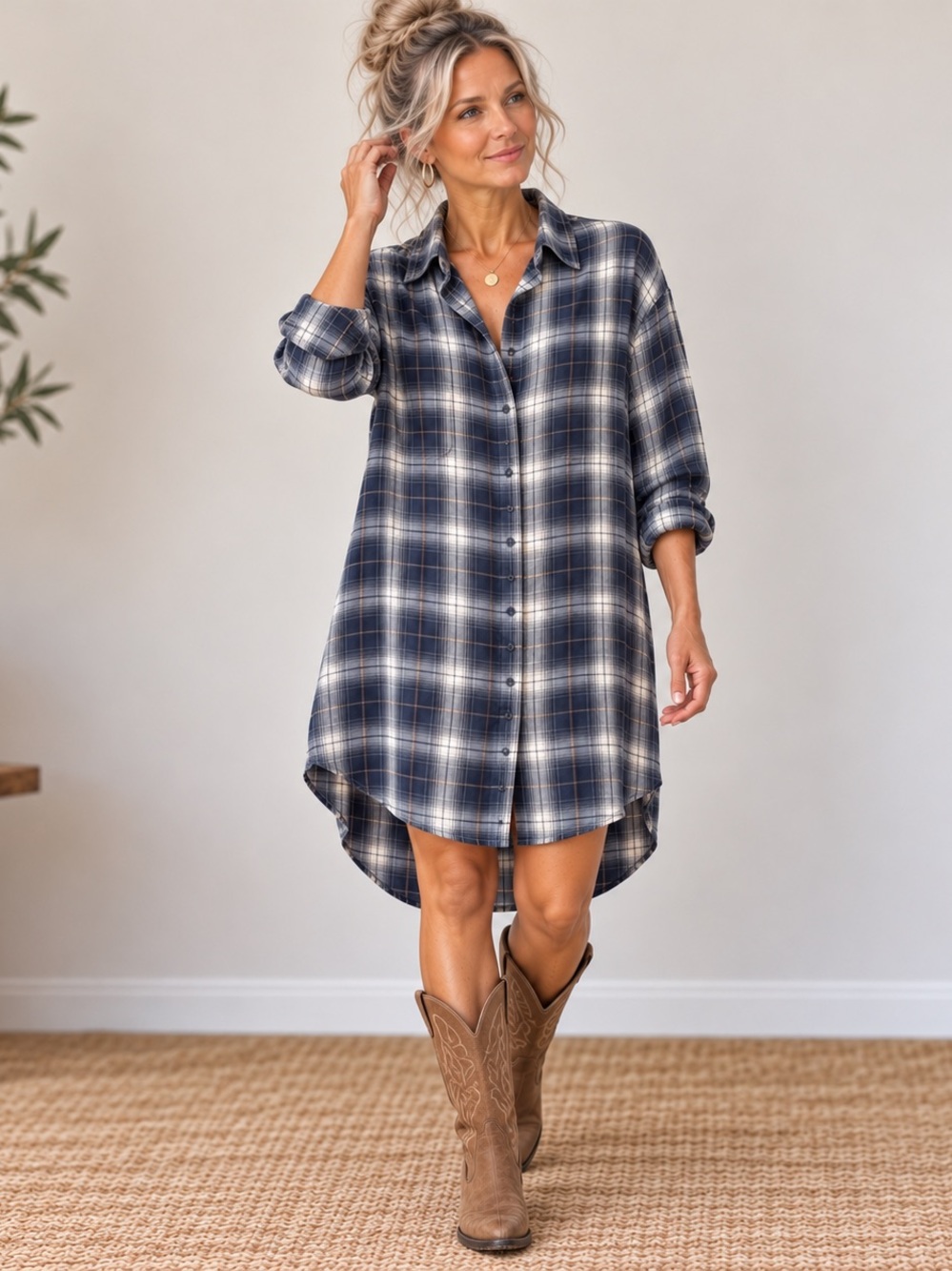 Gentle Fawn Grey Plaid High Low Shirt Dress Tunic